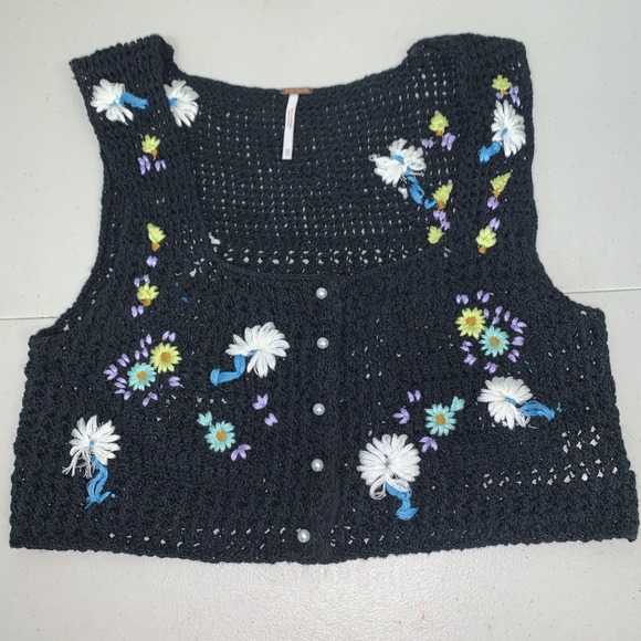 Free People Tops - Free People Womens CS  Embroidered Crochet Wildflowers Cardi Tank Top Boho